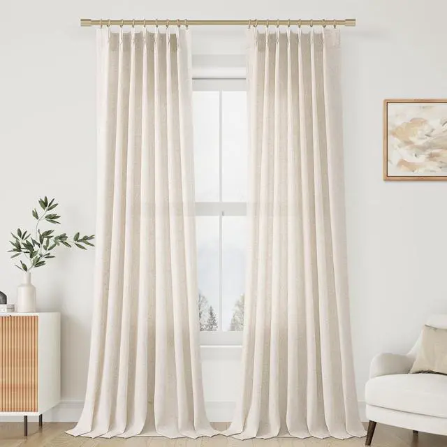Main image of Linen Curtains 96 Inches Long Pinch Pleated Floor to Ceiling for Living Room 8ft Cream Light Filtering Sheer Curtain for Bedroom Back Tab Farmhouse Window Drapes Natural Beige Ivory 40x96, 2 Panels