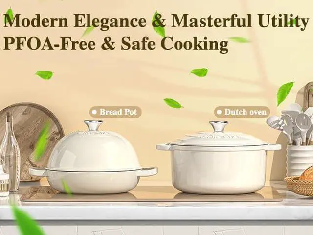 Alt view image 2 of 7 - Enameled Round Cast Iron Bread Oven, 6 Qt Cast Iron Dutch Oven for Homemade Sourdough Bread Baking, Bread Pot with Dome Lid & Cotton Potholders (Cream White)