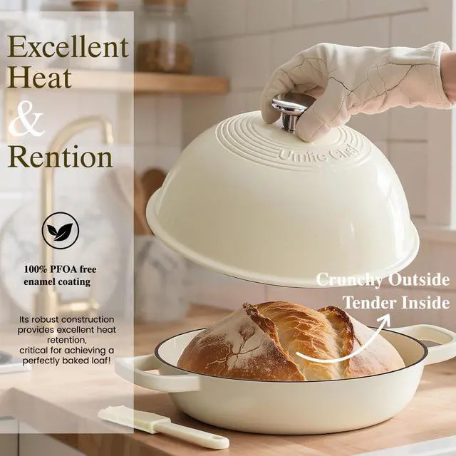 Alt view image 4 of 7 - Enameled Round Cast Iron Bread Oven, 6 Qt Cast Iron Dutch Oven for Homemade Sourdough Bread Baking, Bread Pot with Dome Lid & Cotton Potholders (Cream White)