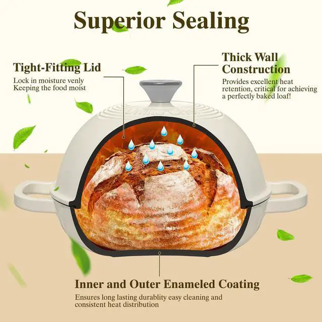 Alt view image 7 of 7 - Enameled Round Cast Iron Bread Oven, 6 Qt Cast Iron Dutch Oven for Homemade Sourdough Bread Baking, Bread Pot with Dome Lid & Cotton Potholders (Cream White)