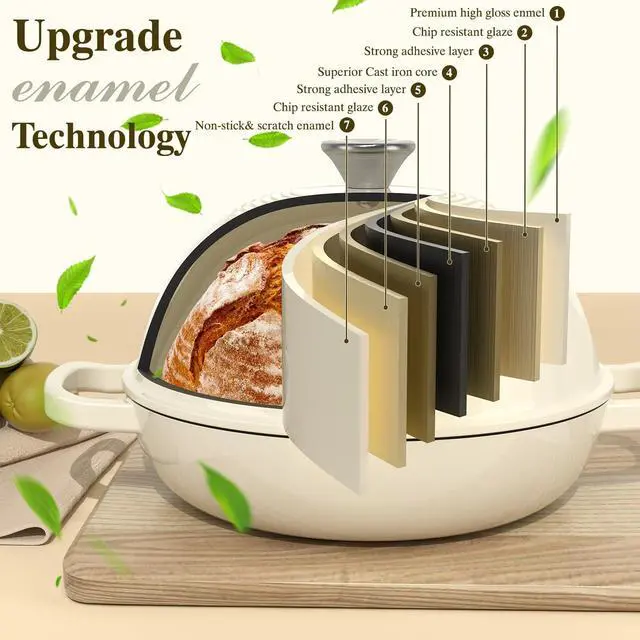 Alt view image 6 of 7 - Enameled Round Cast Iron Bread Oven, 6 Qt Cast Iron Dutch Oven for Homemade Sourdough Bread Baking, Bread Pot with Dome Lid & Cotton Potholders (Cream White)
