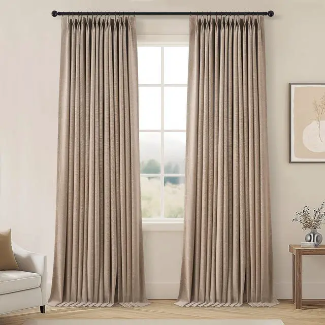 Main image of 96 Inch Long Pinch Pleated Dark Linen Color Curtains,100% Blackout Thermal Insulated Natural Pinch Pleat Rustic Country Style Drapes with Hooks Rings 2 Panel Sets,Taupe Tan 8FT Window Curtains