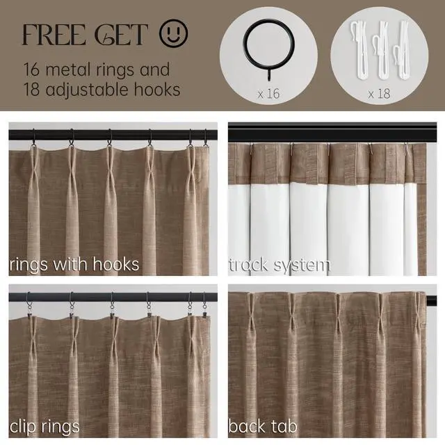 Alt view image 2 of 7 - 96 Inch Long Pinch Pleated Dark Linen Color Curtains,100% Blackout Thermal Insulated Natural Pinch Pleat Rustic Country Style Drapes with Hooks Rings 2 Panel Sets,Taupe Tan 8FT Window Curtains