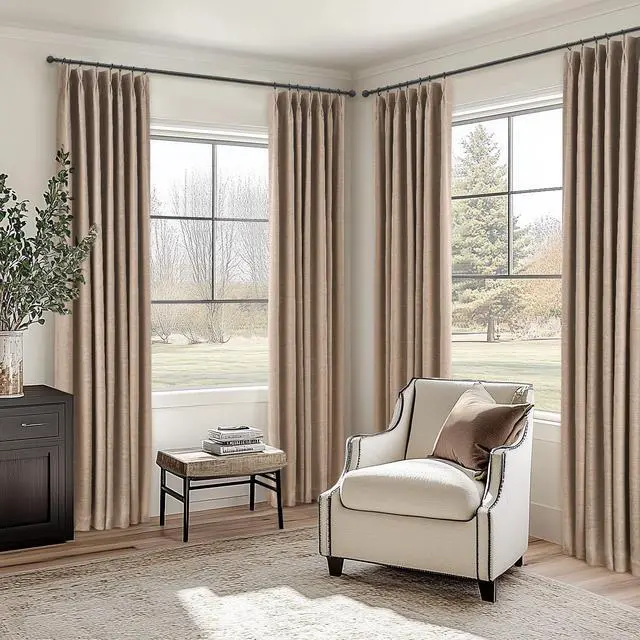 Alt view image 5 of 7 - 96 Inch Long Pinch Pleated Dark Linen Color Curtains,100% Blackout Thermal Insulated Natural Pinch Pleat Rustic Country Style Drapes with Hooks Rings 2 Panel Sets,Taupe Tan 8FT Window Curtains