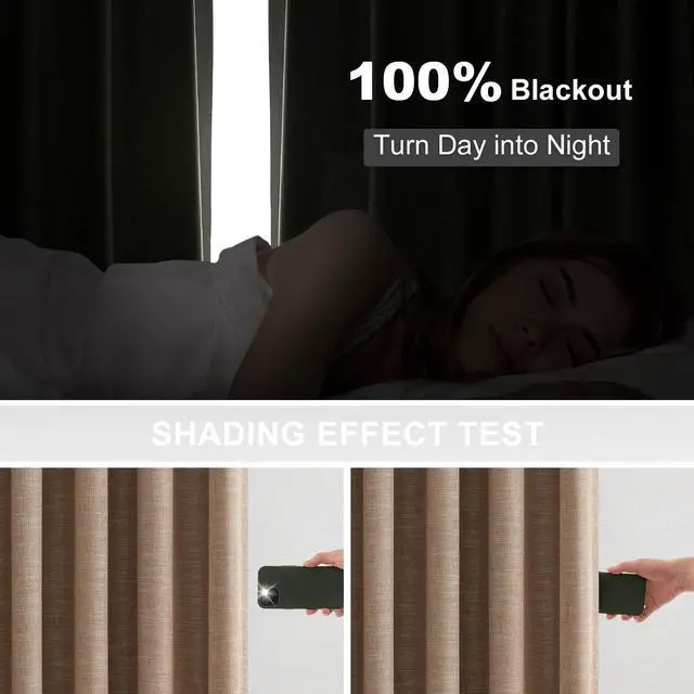 Alt view image 4 of 7 - 96 Inch Long Pinch Pleated Dark Linen Color Curtains,100% Blackout Thermal Insulated Natural Pinch Pleat Rustic Country Style Drapes with Hooks Rings 2 Panel Sets,Taupe Tan 8FT Window Curtains