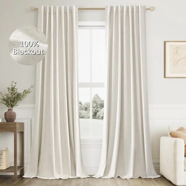 Main image of Cream 100% Blackout Linen Curtains 96 Inch Length Ceiling to Floor 2 Panels 8 FT for Living Room Bedroom Back Tab Thermal Insulated Black Out Drapes Room Darkening Window Curtain Ivory Natural Beige