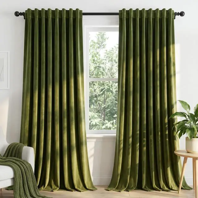 Main image of Olive Green Velvet Curtains for Bedroom Window with Back Tab, Super Soft Vintage Luxury Heavy Drapes, Room Darkening Thermal Insulated Curtain for Living Room, W52 by L84 inches, 2 Panels