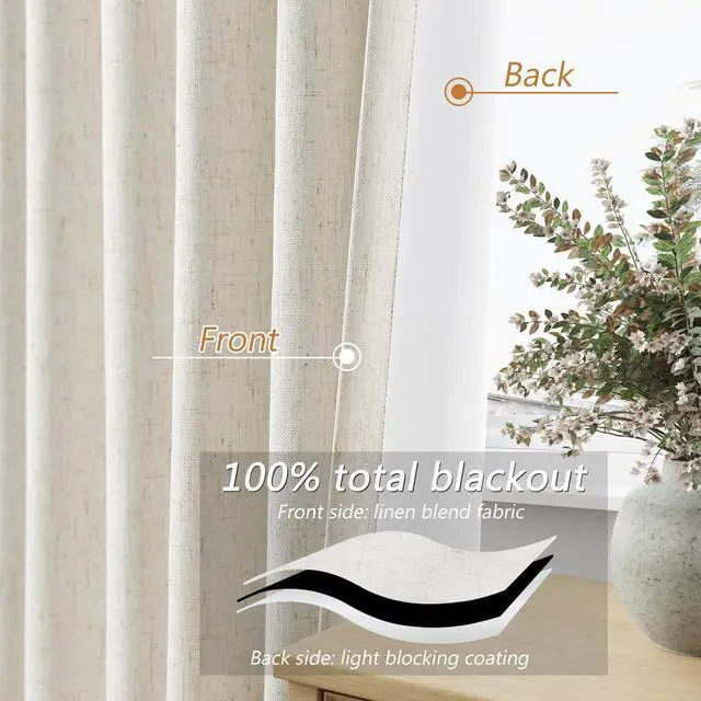 Alt view image 3 of 7 - Cream 100% Blackout Linen Curtains 96 Inch Length Ceiling to Floor 2 Panels 8 FT for Living Room Bedroom Back Tab Thermal Insulated Black Out Drapes Room Darkening Window Curtain Ivory Natural Beige