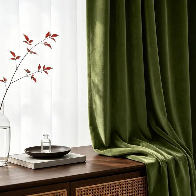 Alt view image 5 of 7 - Olive Green Velvet Curtains for Bedroom Window with Back Tab, Super Soft Vintage Luxury Heavy Drapes, Room Darkening Thermal Insulated Curtain for Living Room, W52 by L84 inches, 2 Panels