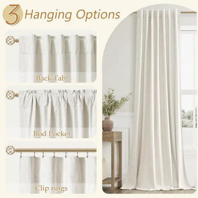 Alt view image 5 of 7 - Cream 100% Blackout Linen Curtains 96 Inch Length Ceiling to Floor 2 Panels 8 FT for Living Room Bedroom Back Tab Thermal Insulated Black Out Drapes Room Darkening Window Curtain Ivory Natural Beige