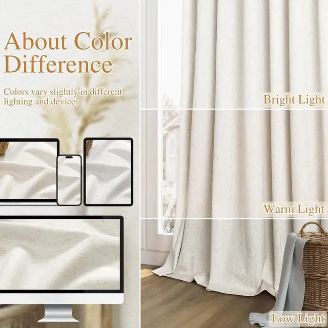 Alt view image 7 of 7 - Cream 100% Blackout Linen Curtains 96 Inch Length Ceiling to Floor 2 Panels 8 FT for Living Room Bedroom Back Tab Thermal Insulated Black Out Drapes Room Darkening Window Curtain Ivory Natural Beige