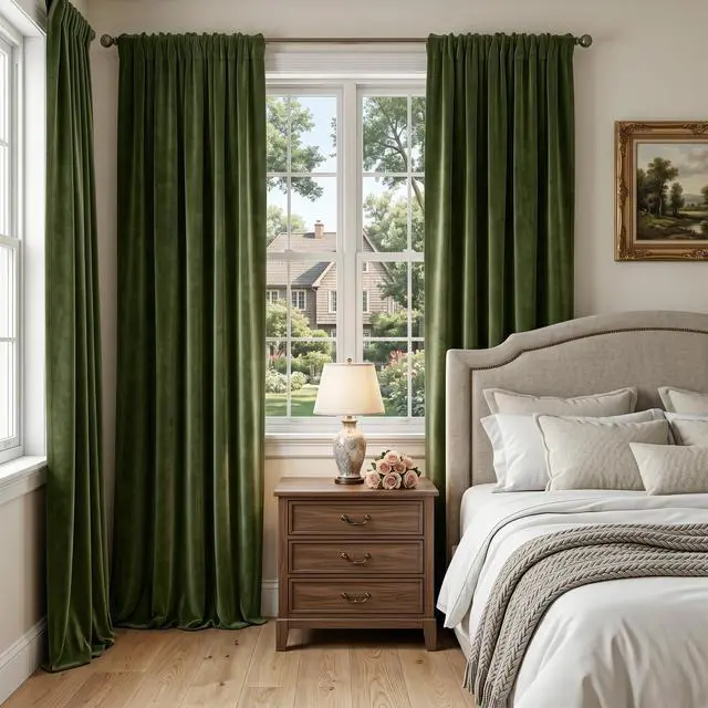Alt view image 6 of 7 - Olive Green Velvet Curtains for Bedroom Window with Back Tab, Super Soft Vintage Luxury Heavy Drapes, Room Darkening Thermal Insulated Curtain for Living Room, W52 by L84 inches, 2 Panels
