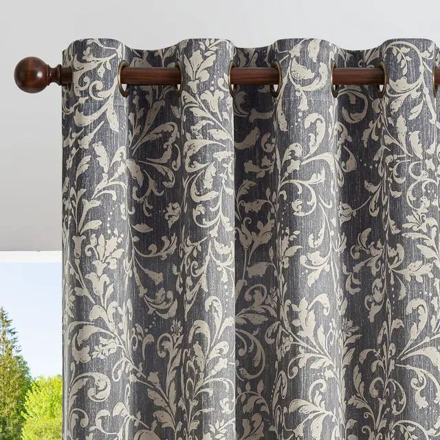 Main image of Vintage Curtains 84 Inch Long Cream Scroll Floral Blue Curtians for Living Room Bedroom Room Darkenign Drapes Thermal Insulated Classic Traditional Privacy Grommet Top 2 Panels