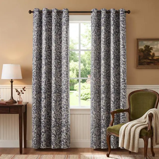 Alt view image 2 of 7 - Vintage Curtains 84 Inch Long Cream Scroll Floral Blue Curtians for Living Room Bedroom Room Darkenign Drapes Thermal Insulated Classic Traditional Privacy Grommet Top 2 Panels
