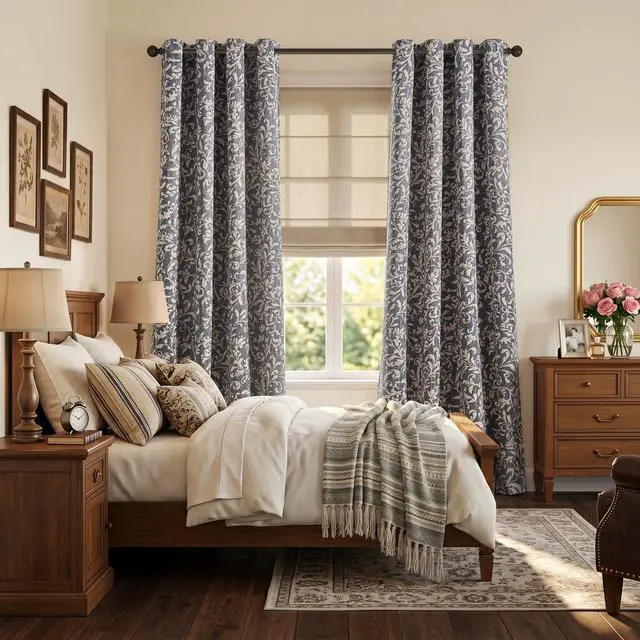 Alt view image 6 of 7 - Vintage Curtains 84 Inch Long Cream Scroll Floral Blue Curtians for Living Room Bedroom Room Darkenign Drapes Thermal Insulated Classic Traditional Privacy Grommet Top 2 Panels