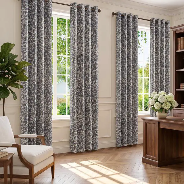 Alt view image 7 of 7 - Vintage Curtains 84 Inch Long Cream Scroll Floral Blue Curtians for Living Room Bedroom Room Darkenign Drapes Thermal Insulated Classic Traditional Privacy Grommet Top 2 Panels