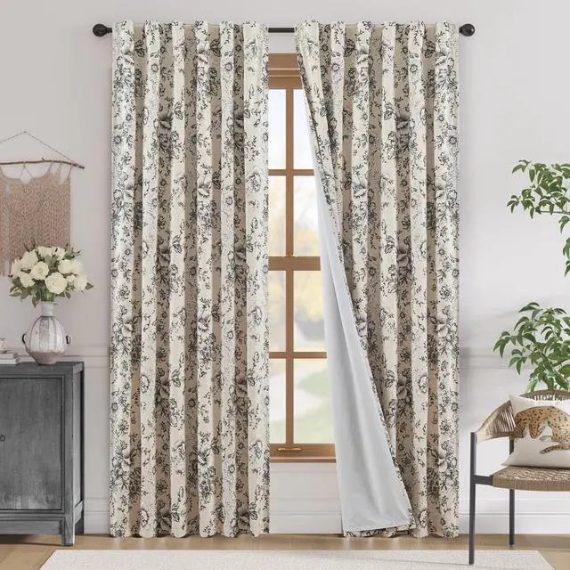 Main image of Blackout Floral Curtains for Living Room Bedroom Linen Blend Curtain Farmhouse Black Printed with Lined Back Tab Rod Pocket Drapes Window Treatments 2 Panels 84 Inch