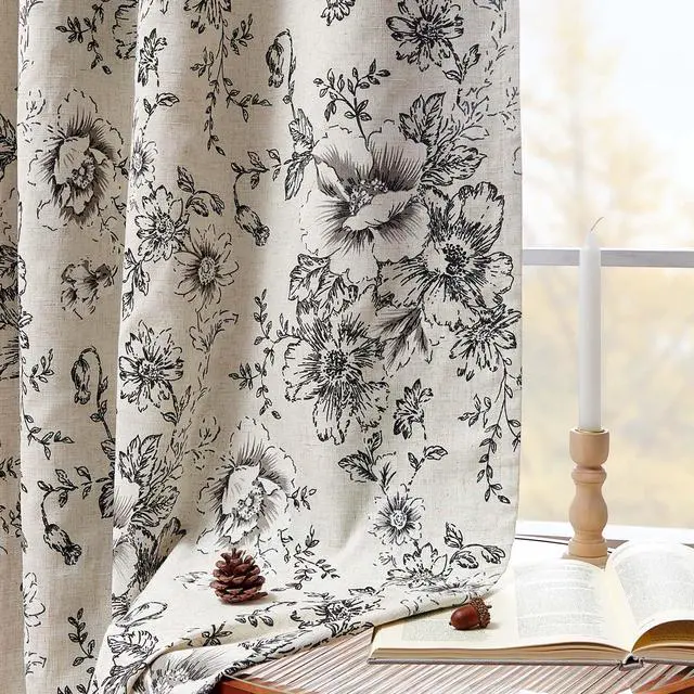 Alt view image 3 of 7 - Blackout Floral Curtains for Living Room Bedroom Linen Blend Curtain Farmhouse Black Printed with Lined Back Tab Rod Pocket Drapes Window Treatments 2 Panels 84 Inch