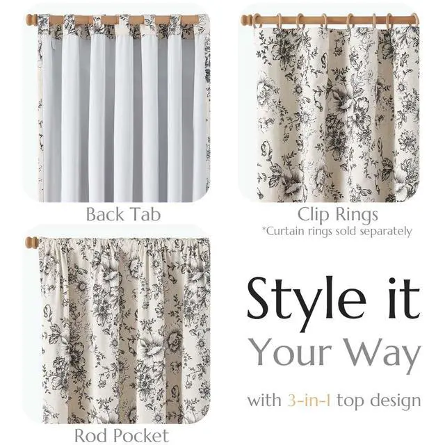 Alt view image 4 of 7 - Blackout Floral Curtains for Living Room Bedroom Linen Blend Curtain Farmhouse Black Printed with Lined Back Tab Rod Pocket Drapes Window Treatments 2 Panels 84 Inch