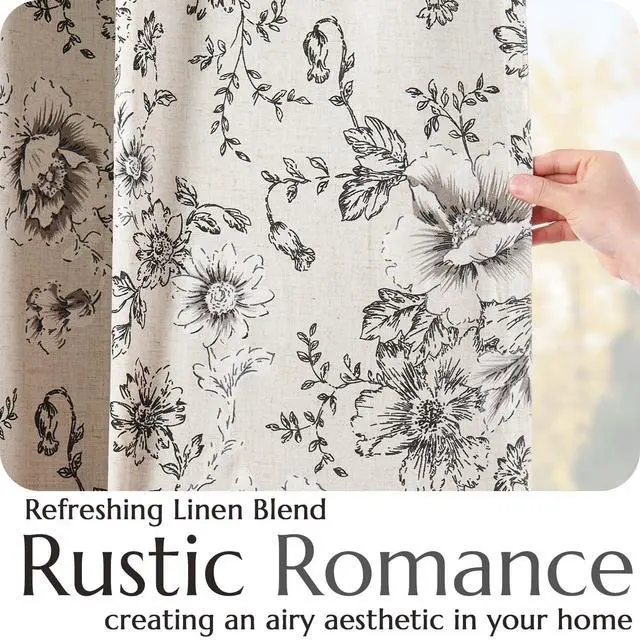 Alt view image 5 of 7 - Blackout Floral Curtains for Living Room Bedroom Linen Blend Curtain Farmhouse Black Printed with Lined Back Tab Rod Pocket Drapes Window Treatments 2 Panels 84 Inch