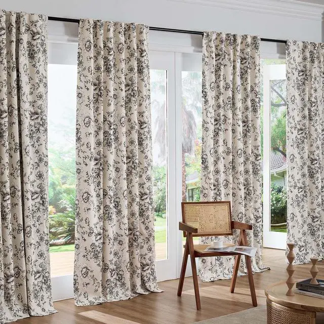 Alt view image 7 of 7 - Blackout Floral Curtains for Living Room Bedroom Linen Blend Curtain Farmhouse Black Printed with Lined Back Tab Rod Pocket Drapes Window Treatments 2 Panels 84 Inch