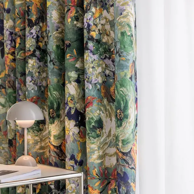Main image of Dark Green Vintage Floral Blackout Curtains for Bedroom 96 inches Long Pattern Painting Flower Window Drapes for Living Room 2 Panels