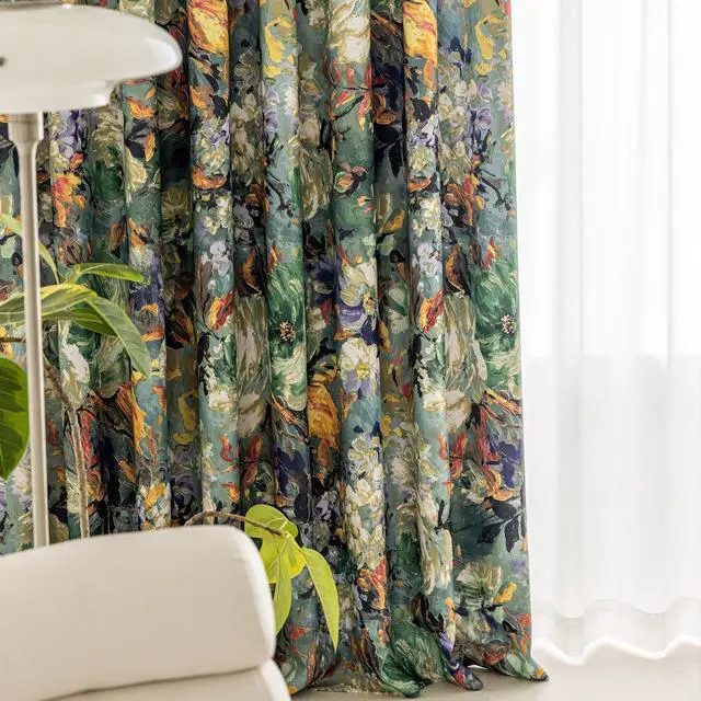 Alt view image 3 of 7 - Dark Green Vintage Floral Blackout Curtains for Bedroom 96 inches Long Pattern Painting Flower Window Drapes for Living Room 2 Panels