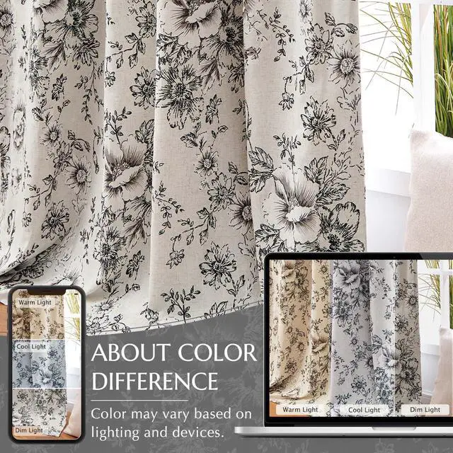 Alt view image 6 of 7 - Blackout Floral Curtains for Living Room Bedroom Linen Blend Curtain Farmhouse Black Printed with Lined Back Tab Rod Pocket Drapes Window Treatments 2 Panels 84 Inch
