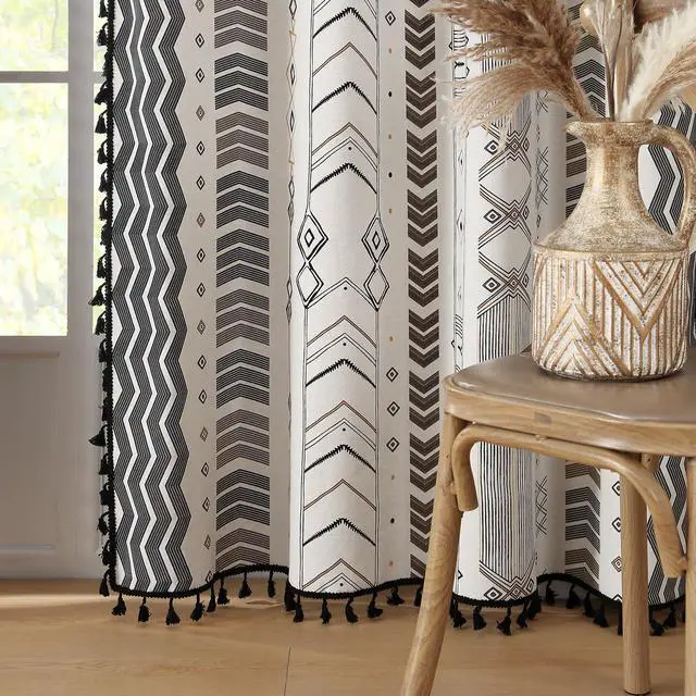Main image of 100% Blackout Boho Heat Sun Blocking Bedroom Living Room Thermal Curtains for Summer Heat 63 Inch Black and White Patterned Decorative Western Southwest Black Out Curtain & Drapes