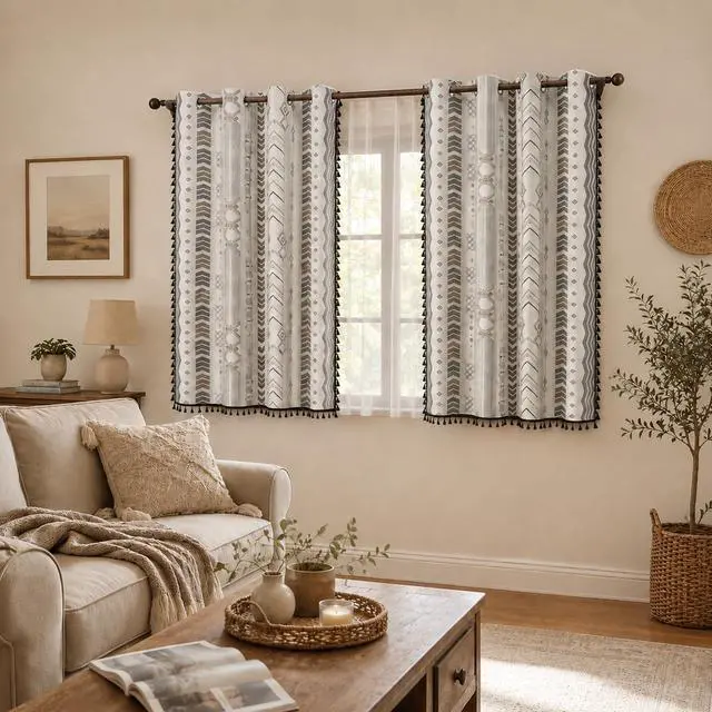 Alt view image 2 of 5 - 100% Blackout Boho Heat Sun Blocking Bedroom Living Room Thermal Curtains for Summer Heat 63 Inch Black and White Patterned Decorative Western Southwest Black Out Curtain & Drapes