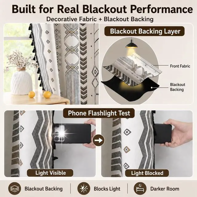 Alt view image 4 of 5 - 100% Blackout Boho Heat Sun Blocking Bedroom Living Room Thermal Curtains for Summer Heat 63 Inch Black and White Patterned Decorative Western Southwest Black Out Curtain & Drapes