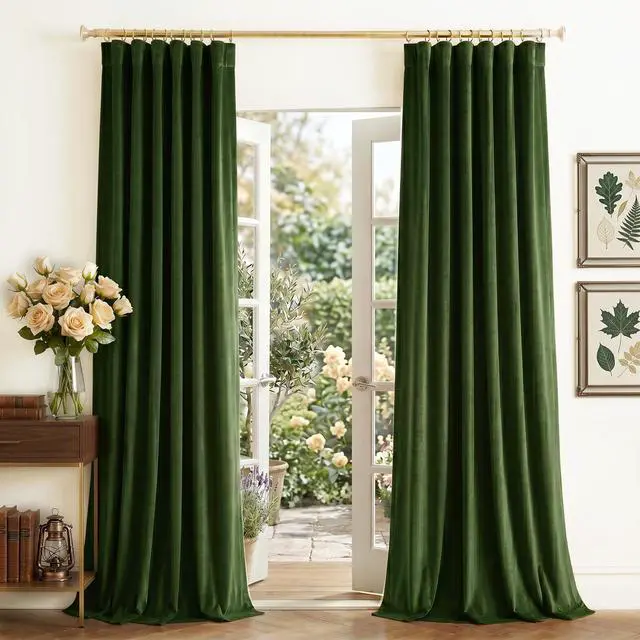 Main image of Olive Green Blackout Velvet Curtains 96" Length 2 Panels for Nursery, Vision Insluated Elegant Drapes Room Darkening for Bedroom Back Tab with Pleat Tape Window Treatments, 52 inch Wide