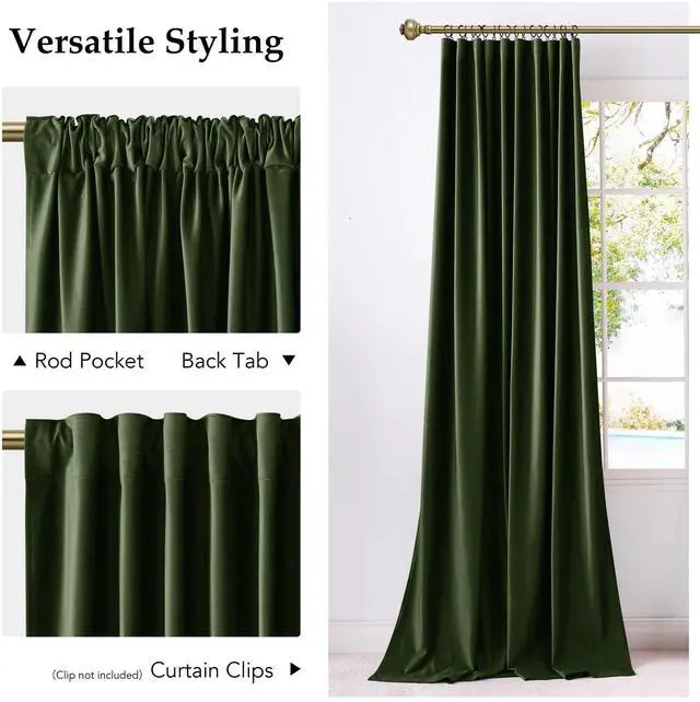 Alt view image 4 of 7 - Olive Green Blackout Velvet Curtains 96" Length 2 Panels for Nursery, Vision Insluated Elegant Drapes Room Darkening for Bedroom Back Tab with Pleat Tape Window Treatments, 52 inch Wide