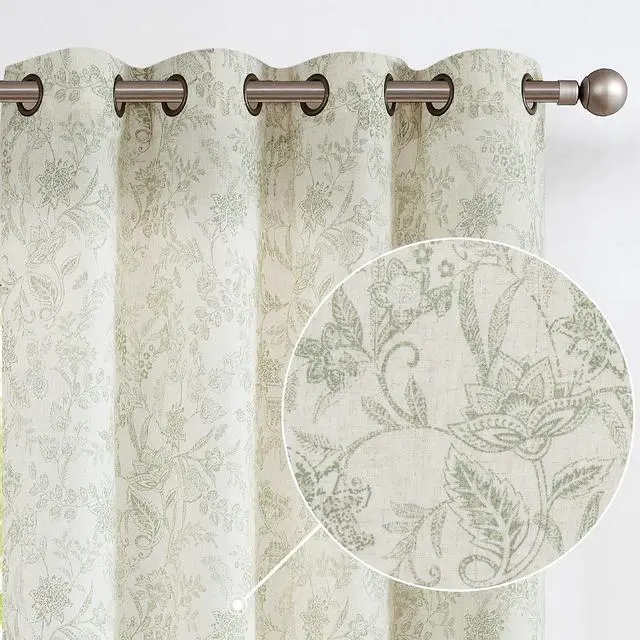 Main image of Linen Farmhouse Curtains for Living Room 84 Inch Length Floral Print Window Curtains Semi Sheer Drapes for Bedroom Country Light Filtering Curtain Grommet Top 2 Panels Green on Beige