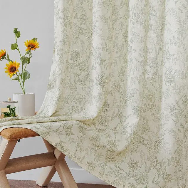 Alt view image 4 of 7 - Linen Farmhouse Curtains for Living Room 84 Inch Length Floral Print Window Curtains Semi Sheer Drapes for Bedroom Country Light Filtering Curtain Grommet Top 2 Panels Green on Beige