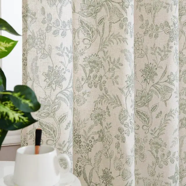 Alt view image 3 of 7 - Linen Farmhouse Curtains for Living Room 84 Inch Length Floral Print Window Curtains Semi Sheer Drapes for Bedroom Country Light Filtering Curtain Grommet Top 2 Panels Green on Beige