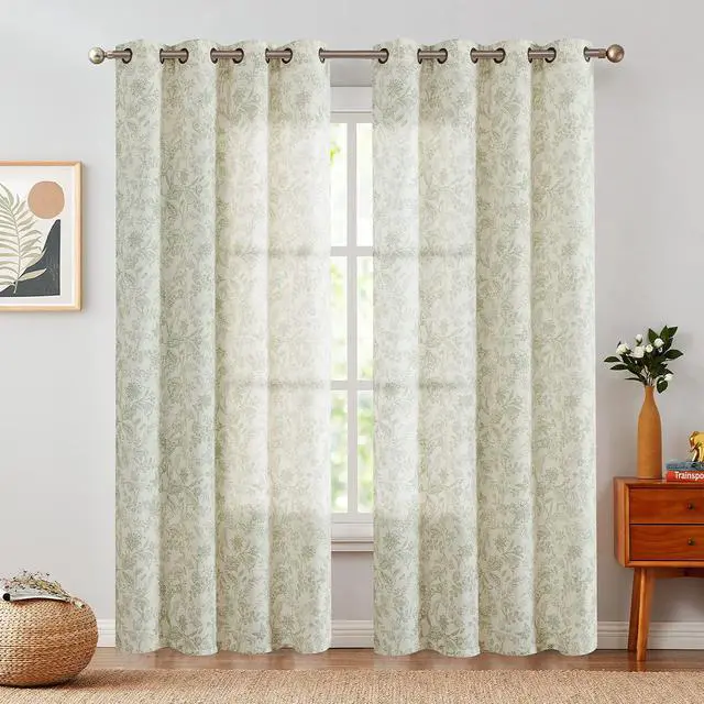 Alt view image 2 of 7 - Linen Farmhouse Curtains for Living Room 84 Inch Length Floral Print Window Curtains Semi Sheer Drapes for Bedroom Country Light Filtering Curtain Grommet Top 2 Panels Green on Beige