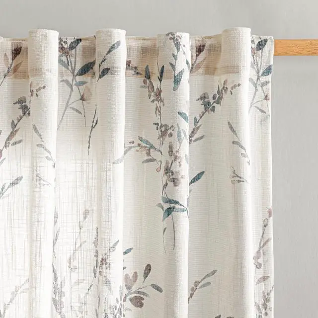 Main image of Sheer Curtains 84 Inches Long 2 Panels Linen Blended Farmhouse Curtains & Drapes for Living Room Bedroom, Light Filtering Privacy Curtains Floral Printed Classical Home Decor, Navy Blue(2)