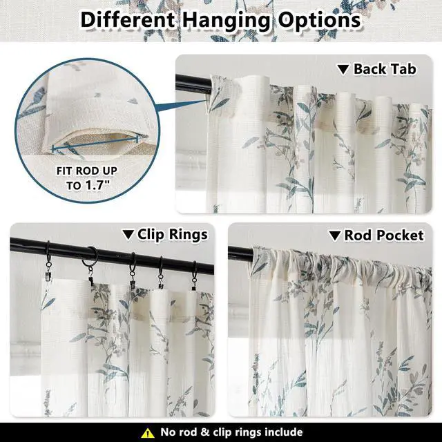 Alt view image 4 of 7 - Sheer Curtains 84 Inches Long 2 Panels Linen Blended Farmhouse Curtains & Drapes for Living Room Bedroom, Light Filtering Privacy Curtains Floral Printed Classical Home Decor, Navy Blue(2)