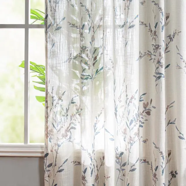 Alt view image 3 of 7 - Sheer Curtains 84 Inches Long 2 Panels Linen Blended Farmhouse Curtains & Drapes for Living Room Bedroom, Light Filtering Privacy Curtains Floral Printed Classical Home Decor, Navy Blue(2)