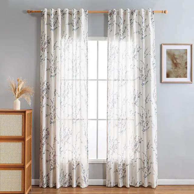 Alt view image 2 of 7 - Sheer Curtains 84 Inches Long 2 Panels Linen Blended Farmhouse Curtains & Drapes for Living Room Bedroom, Light Filtering Privacy Curtains Floral Printed Classical Home Decor, Navy Blue(2)