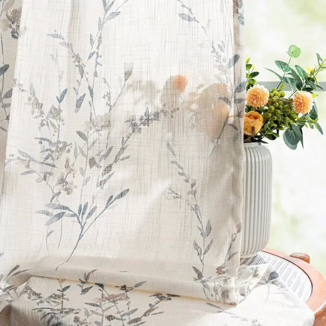 Alt view image 7 of 7 - Sheer Curtains 84 Inches Long 2 Panels Linen Blended Farmhouse Curtains & Drapes for Living Room Bedroom, Light Filtering Privacy Curtains Floral Printed Classical Home Decor, Navy Blue(2)