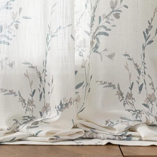 Alt view image 6 of 7 - Sheer Curtains 84 Inches Long 2 Panels Linen Blended Farmhouse Curtains & Drapes for Living Room Bedroom, Light Filtering Privacy Curtains Floral Printed Classical Home Decor, Navy Blue(2)