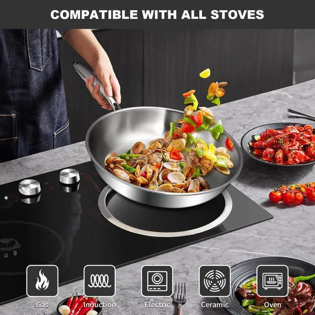 Alt view image 5 of 7 - Tri-Ply Stainless Steel Frying Pans Set, 8/10/12 Cooking pans, PFOA&PTFE Free Skillet, Induction Cooking Pan, Dishwasher and Oven Safe, Fast & Even Heat, Heavy Duty and Detachable Handle