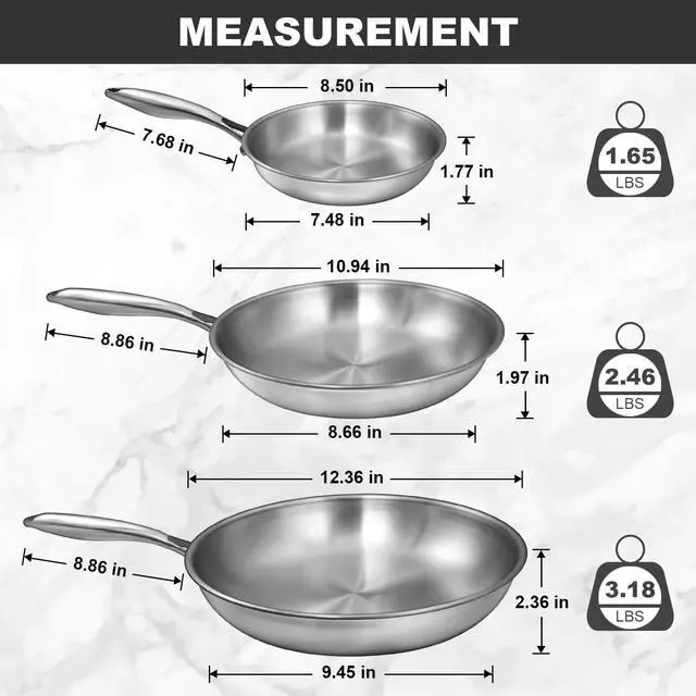 Alt view image 2 of 7 - Tri-Ply Stainless Steel Frying Pans Set, 8/10/12 Cooking pans, PFOA&PTFE Free Skillet, Induction Cooking Pan, Dishwasher and Oven Safe, Fast & Even Heat, Heavy Duty and Detachable Handle