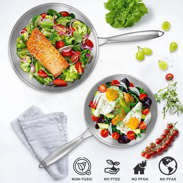Alt view image 4 of 7 - Tri-Ply Stainless Steel Frying Pans Set, 8/10/12 Cooking pans, PFOA&PTFE Free Skillet, Induction Cooking Pan, Dishwasher and Oven Safe, Fast & Even Heat, Heavy Duty and Detachable Handle
