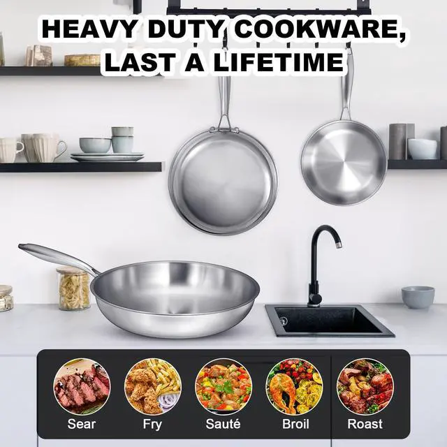 Alt view image 7 of 7 - Tri-Ply Stainless Steel Frying Pans Set, 8/10/12 Cooking pans, PFOA&PTFE Free Skillet, Induction Cooking Pan, Dishwasher and Oven Safe, Fast & Even Heat, Heavy Duty and Detachable Handle