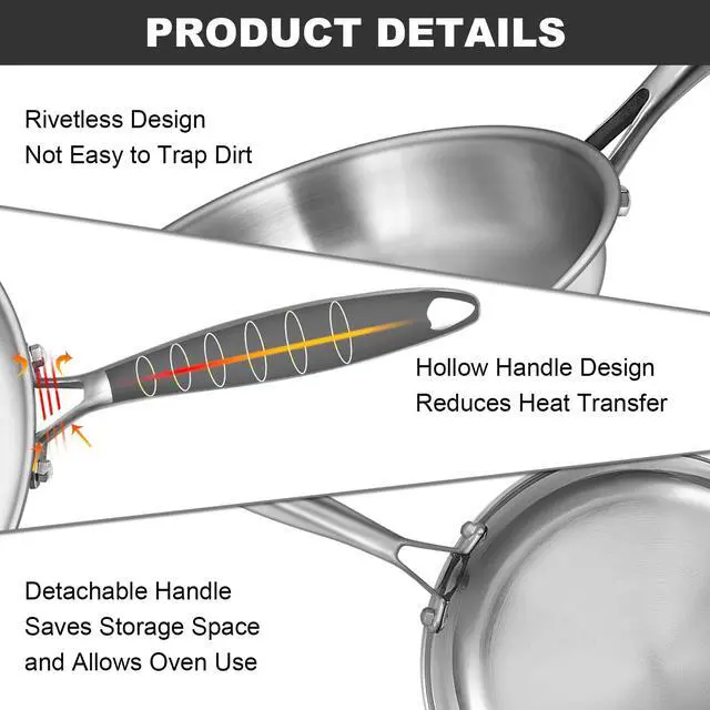 Alt view image 6 of 7 - Tri-Ply Stainless Steel Frying Pans Set, 8/10/12 Cooking pans, PFOA&PTFE Free Skillet, Induction Cooking Pan, Dishwasher and Oven Safe, Fast & Even Heat, Heavy Duty and Detachable Handle