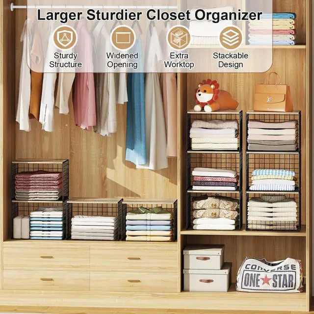 Alt view image 3 of 7 - Widened & Heightened Closet Organizers And Storage Shelves With Top Board, Set of 3 Stackable Closet Shelf Organizer Storage Bin Basket For Clothes Sweaters,Space-saving, Sturdy,Wider Higher Size