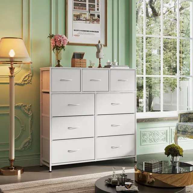 Alt view image 2 of 7 - 9-Drawer Dresser, Fabric Storage Tower for Bedroom, Hallway, Closet, Tall Chest Organizer Unit for Bedroom with Fabric Bins, Steel Frame, Wood Top, Easy Pull Handle, White